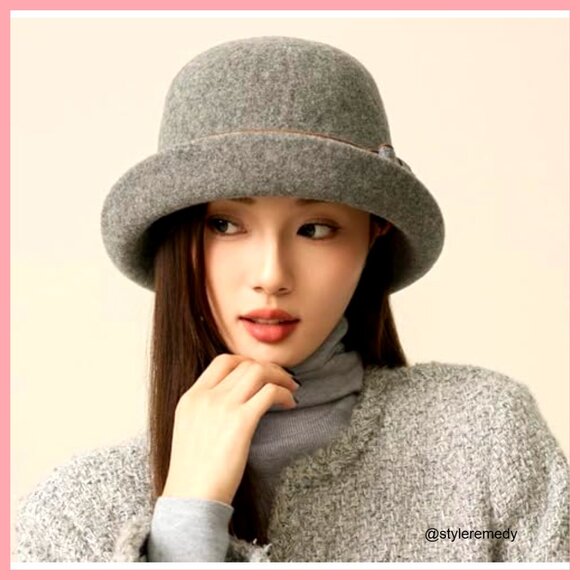 Vintage Felt Cloche Hat Polyester Bucket Cap with Bow main image 5